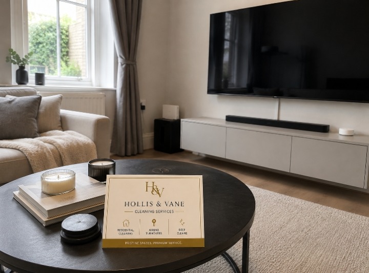 Hollis and Vane branded card in a clean, styled living room